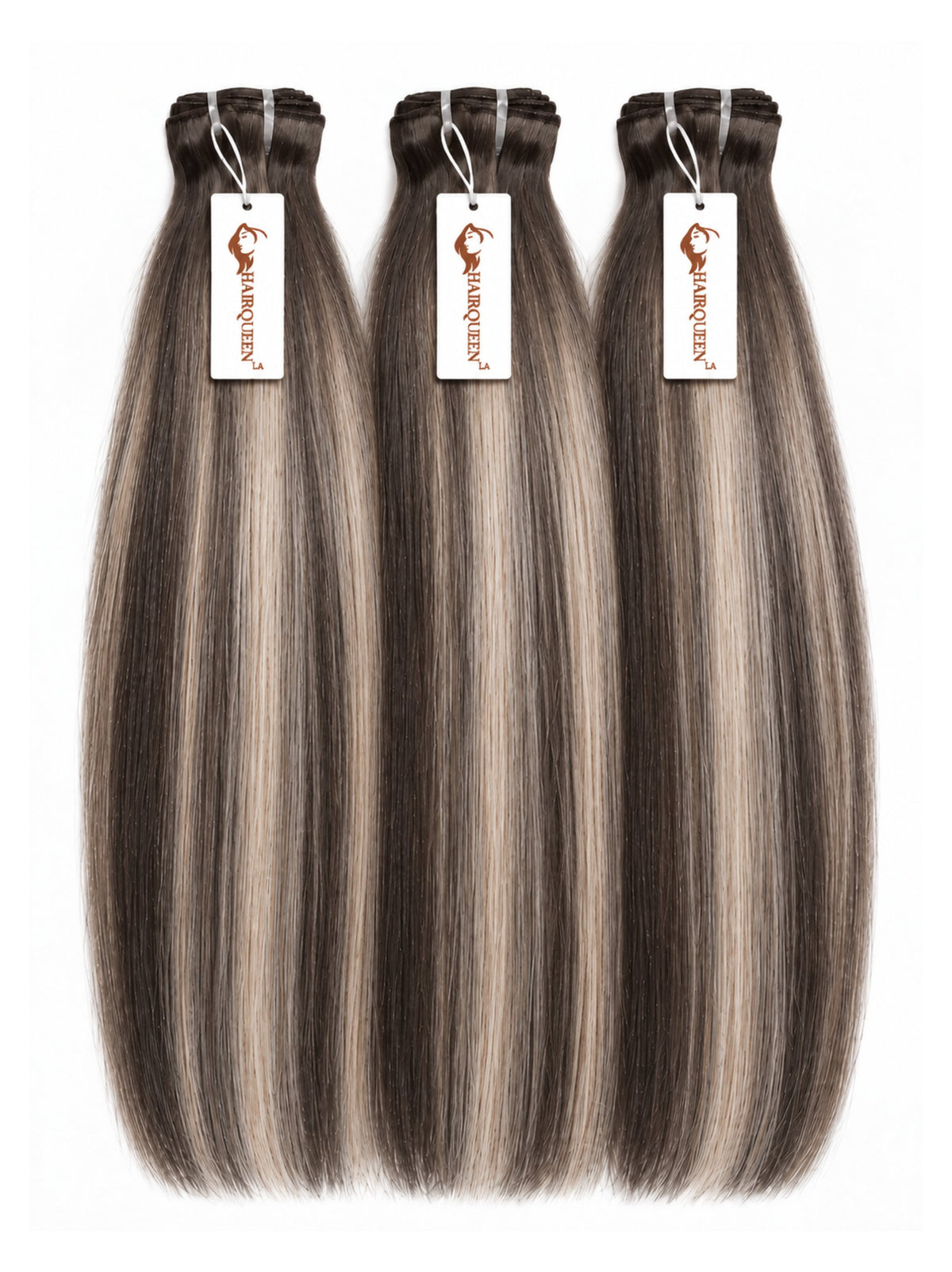Set of three highlighted hair bundles, straight hair, dark with silvery blonde streaks