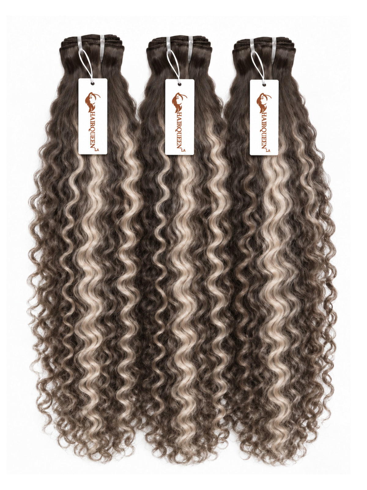 Set of three highlighted hair bundles, curly texture, dark with ash blonde highlights