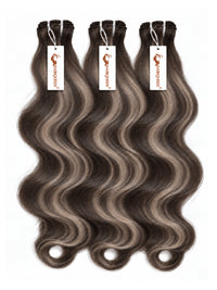 3 wavy ash-gray hair bundles with sewn wefts and hanging tags