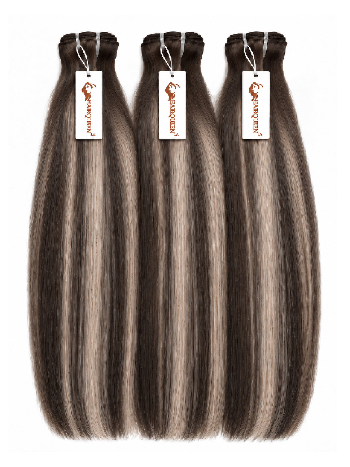 Three hair weave bundles with straight medium brown streaked highlights, tied with tags