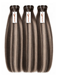Three hair weave bundles with straight medium brown streaked highlights, tied with tags