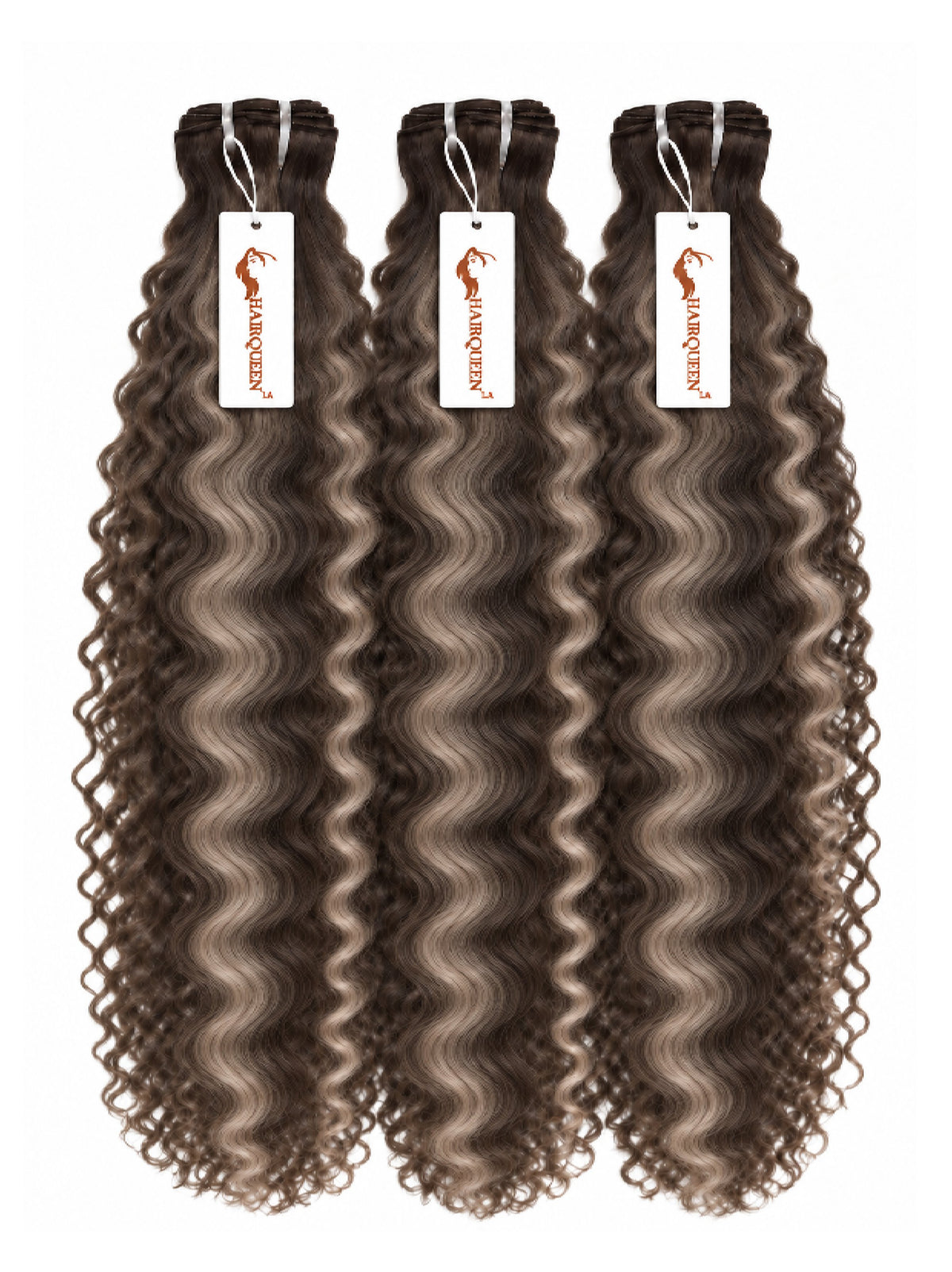 Three hair weave bundles with curly ash brown streaked highlights, tied with tags