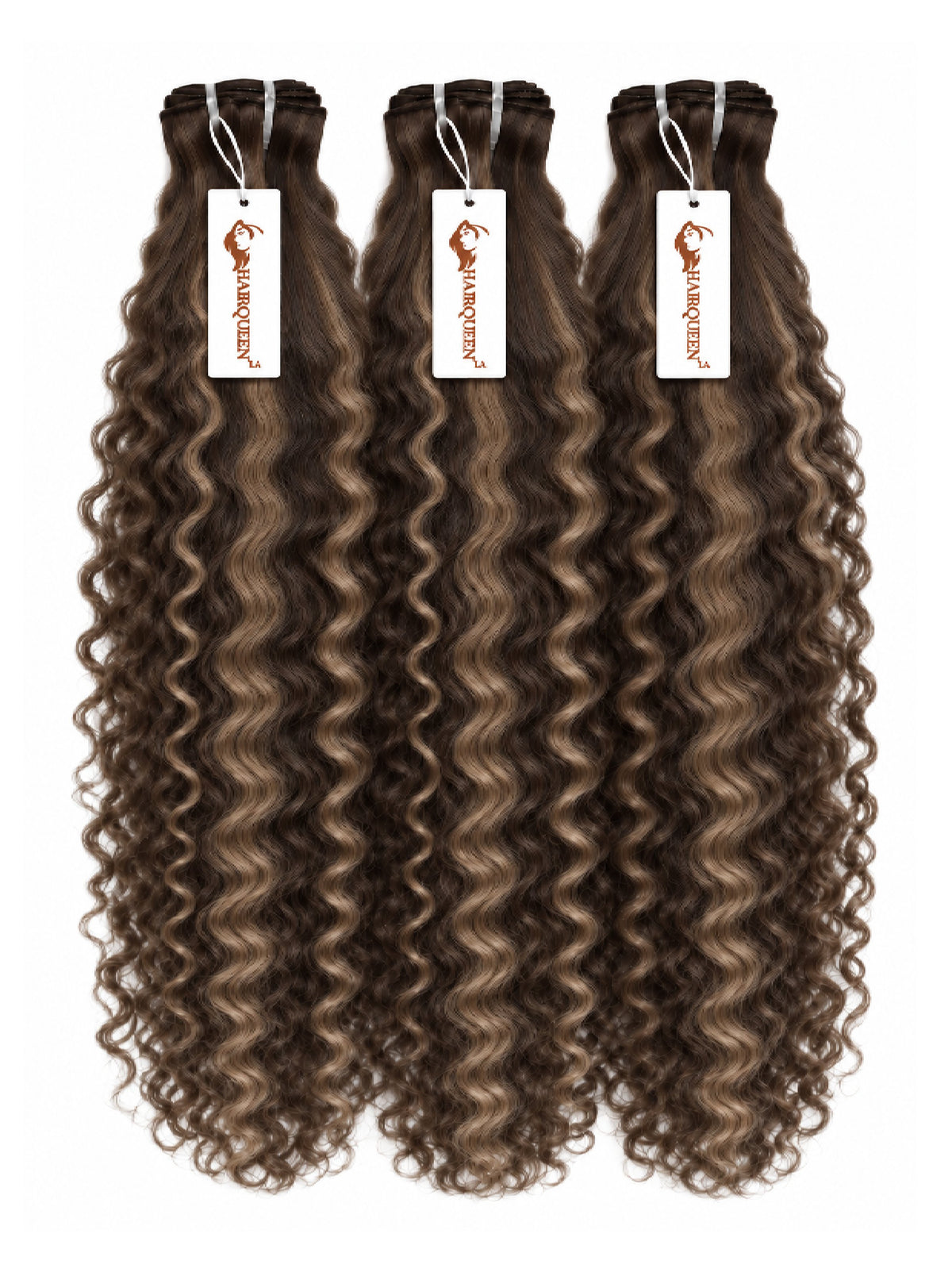 Highlighted hair extension bundles, three voluminous curls in dark brown with gray highlights