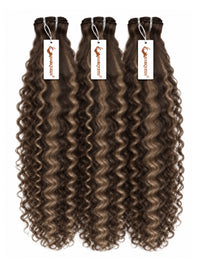 Highlighted hair extension bundles, three voluminous curls in dark brown with gray highlights