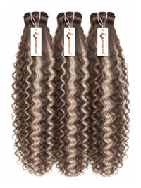 Highlighted hair extension bundles, three medium-curly bundles in dark brown with gray highlights