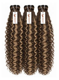 Highlighted hair bundle set with dense curls, dark brown with ash highlights