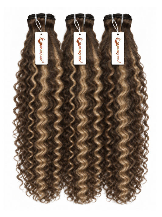 Highlighted hair bundle set with dense curls, dark brown with ash highlights