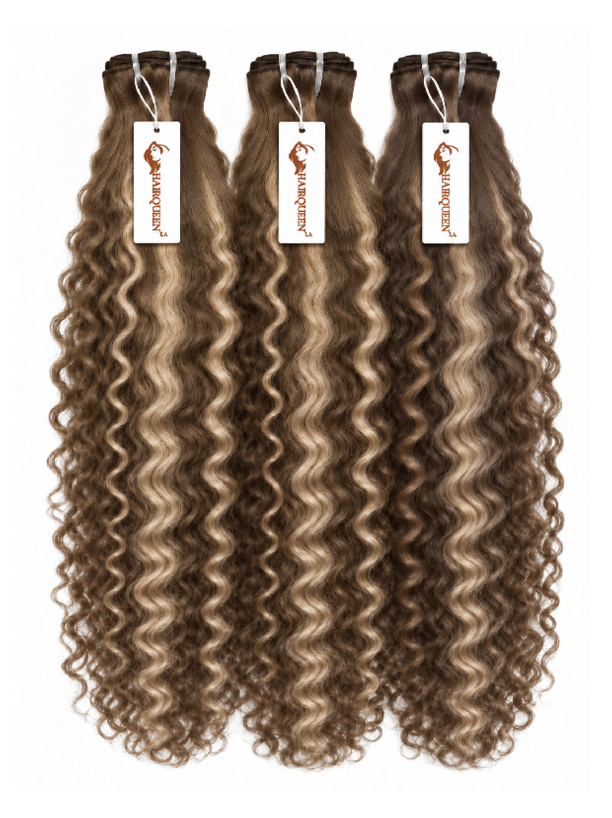 3 wavy-curly hair bundles with medium brown roots and soft caramel curls, hanging bundles.