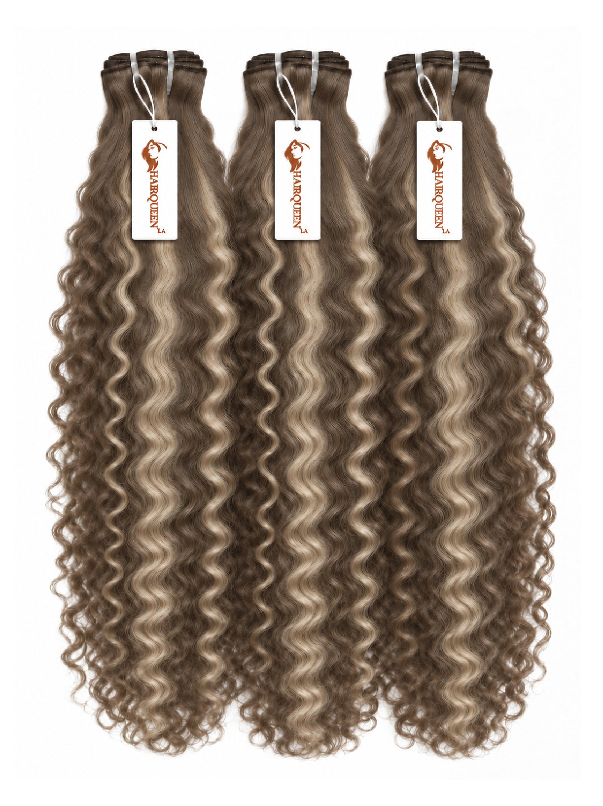 Highlighted hair bundles with defined curly taupe-brown strands, three wefts with hanging labels