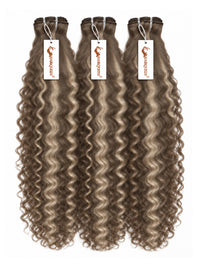 Highlighted hair bundles with defined curly taupe-brown strands, three wefts with hanging labels