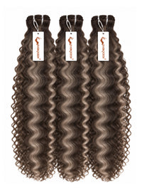 3 curly ash-gray hair bundles with sewn wefts and hanging product tags