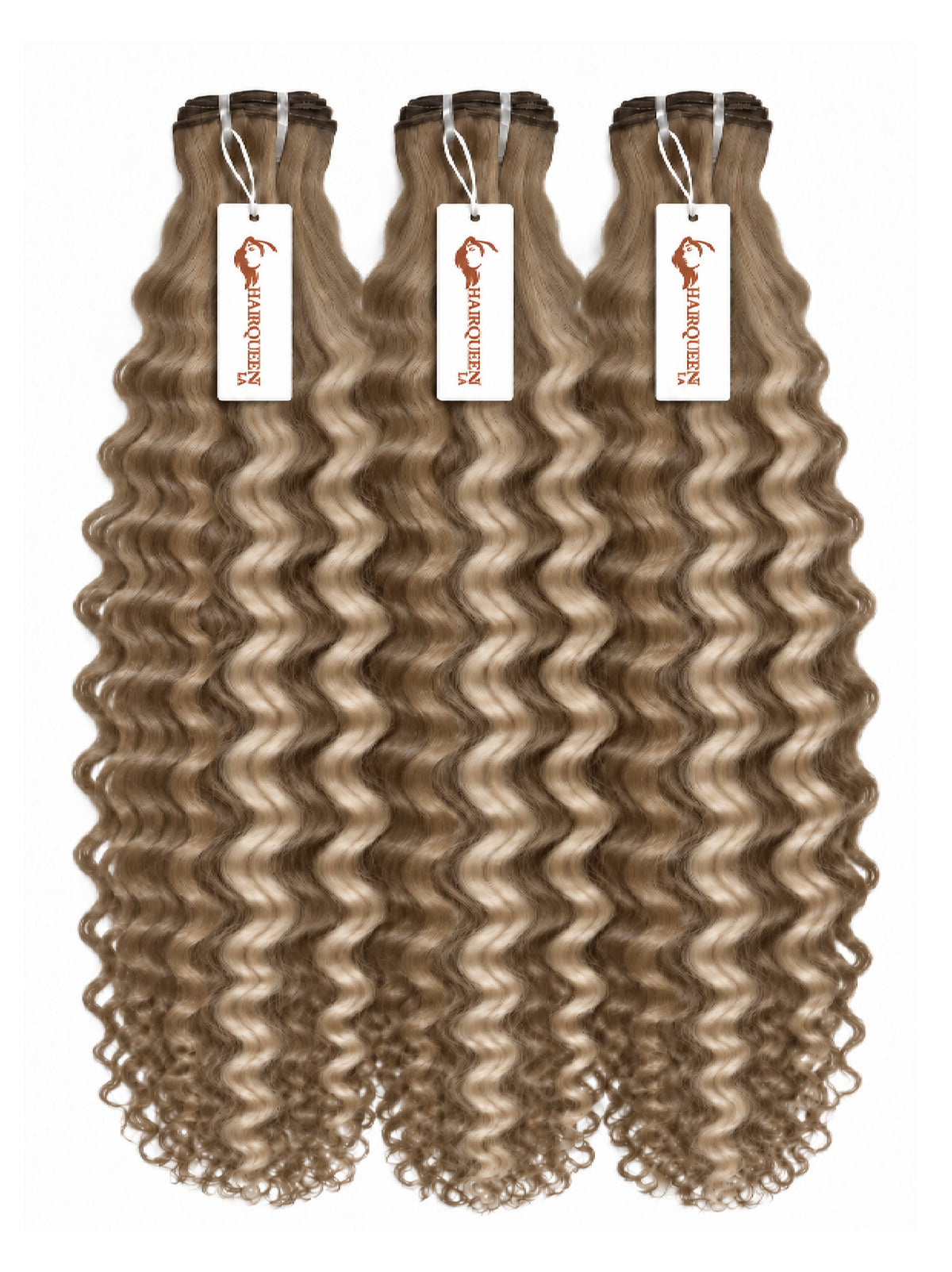 Highlighted hair bundles with tight wavy light brown strands, three wefts with hanging labels