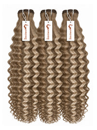 Highlighted hair bundles with tight wavy light brown strands, three wefts with hanging labels