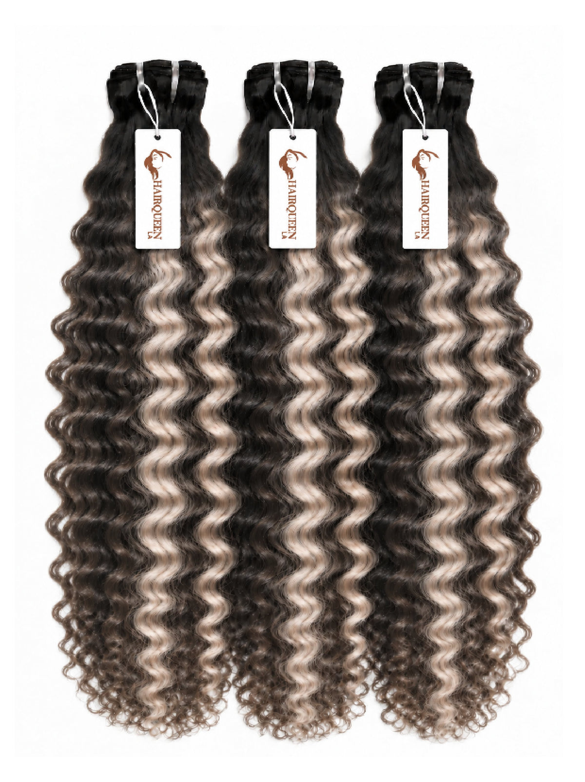 Three hair bundles with curly dark brown and gray highlights, with tags
