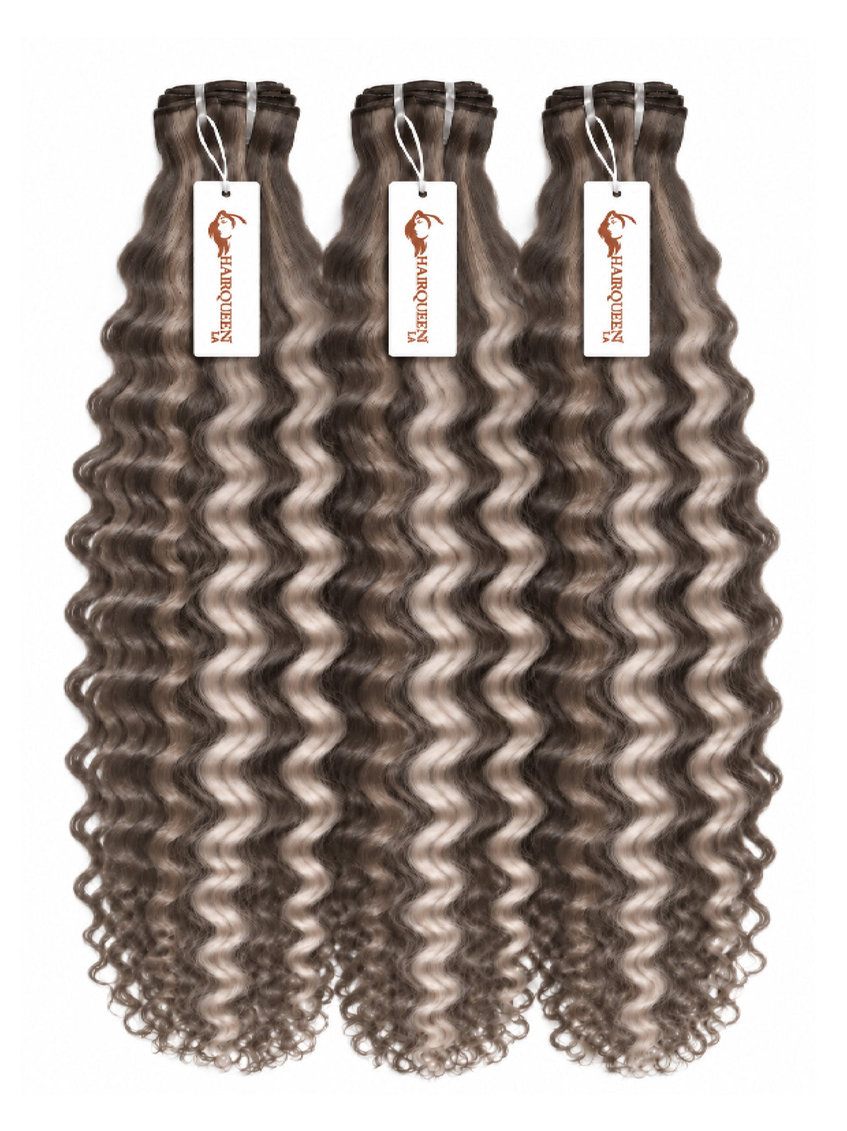 Highlighted hair extension bundles, three tight-curly bundles in dark brown with gray highlights