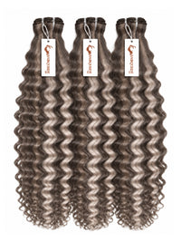 Highlighted hair extension bundles, three tight-curly bundles in dark brown with gray highlights