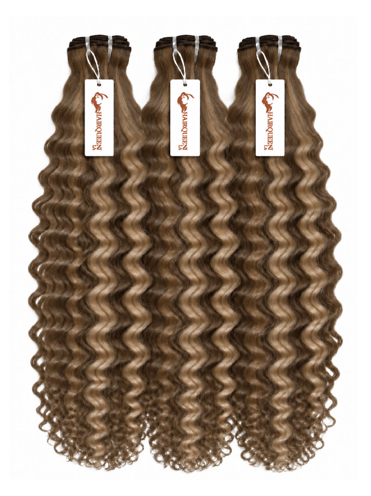 3 tight-curly hair bundles with medium brown roots and caramel curls, hanging bundles.
