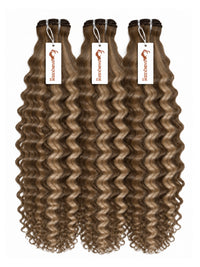 3 tight-curly hair bundles with medium brown roots and caramel curls, hanging bundles.