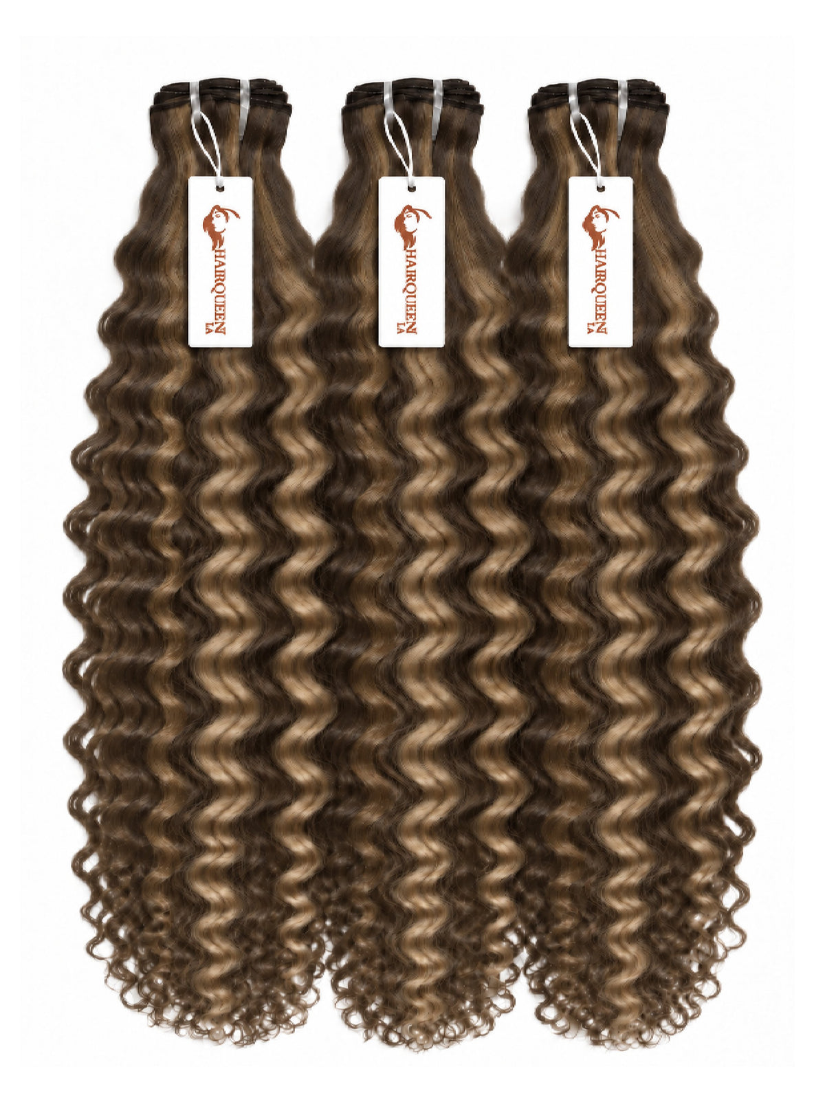 Highlighted hair bundle set with defined curls, dark brown with ash highlights