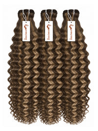 Highlighted hair bundle set with defined curls, dark brown with ash highlights