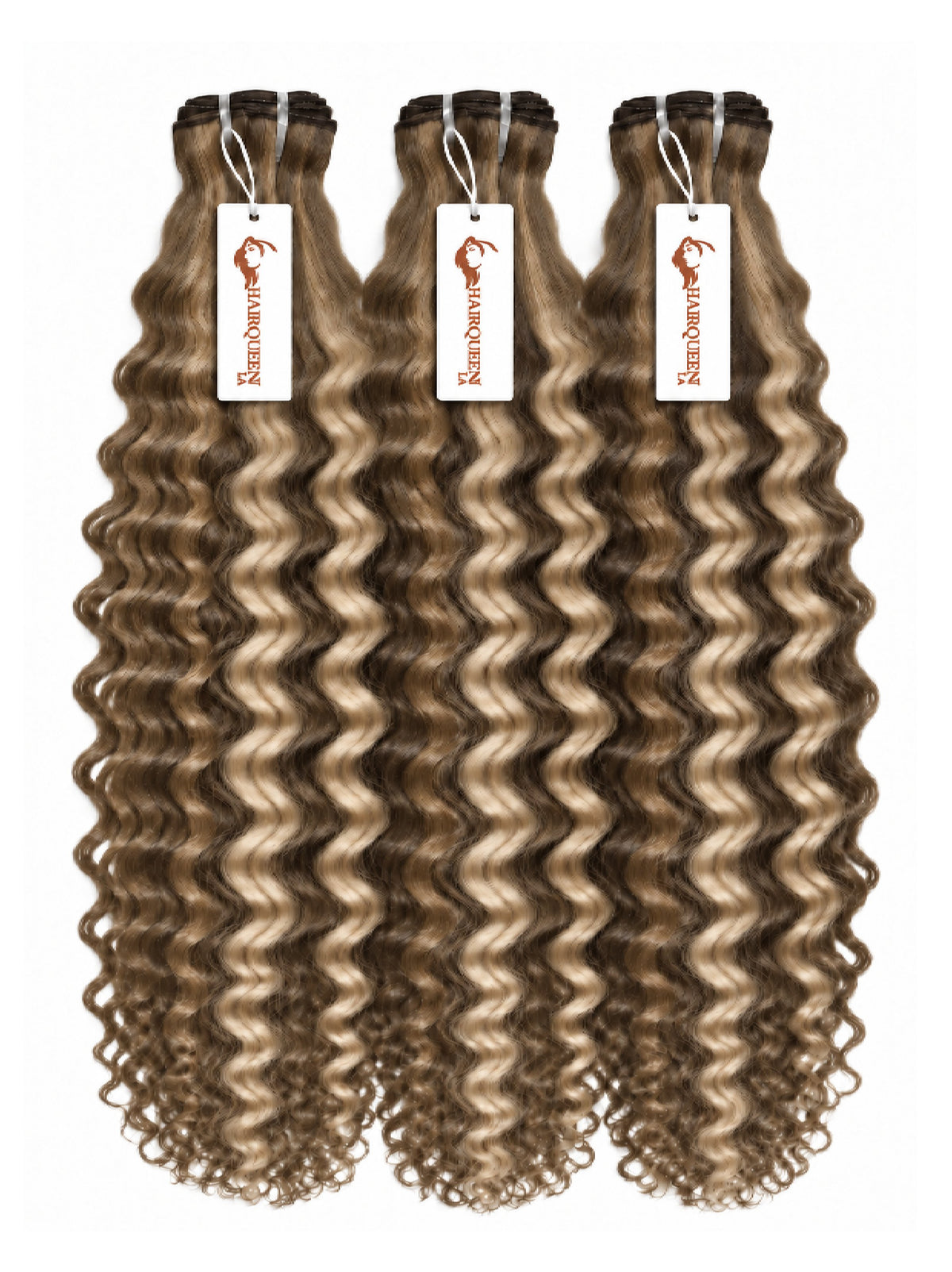 3 curly hair bundles with darker brown roots and caramel-brown curls, hanging bundles.