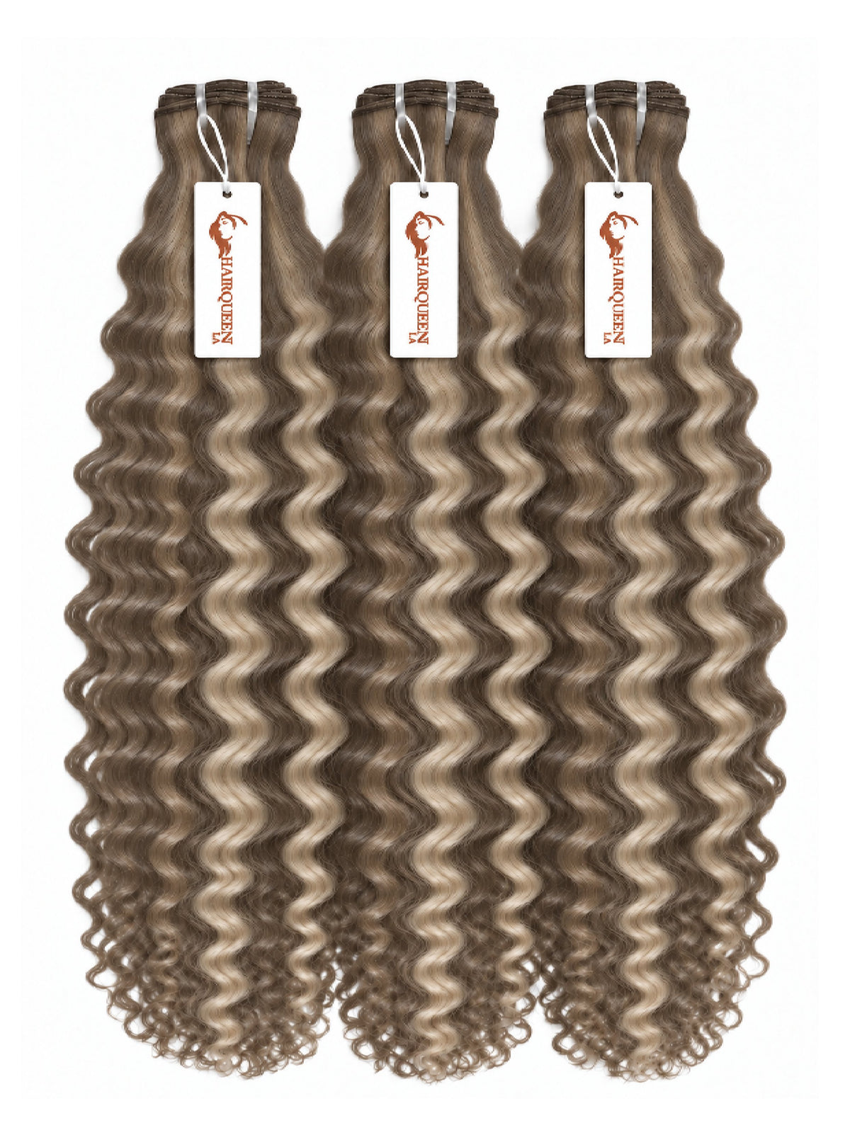 Highlighted hair bundles with tight wavy taupe-brown strands, three wefts with hanging labels