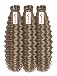 Highlighted hair bundles with tight wavy taupe-brown strands, three wefts with hanging labels