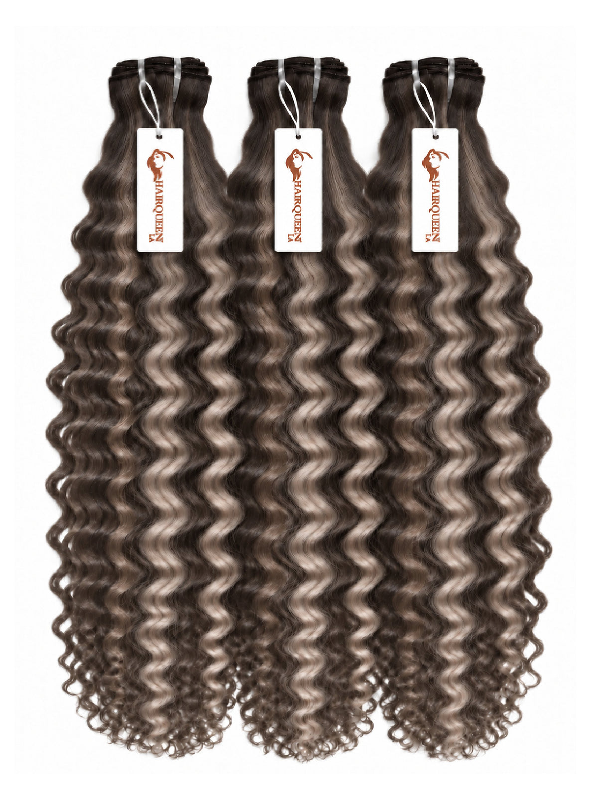 3 curly dark-brown hair bundles with sewn wefts and hanging product tags