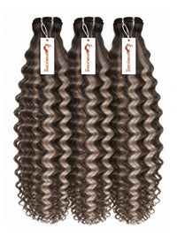 3 curly dark-brown hair bundles with sewn wefts and hanging product tags
