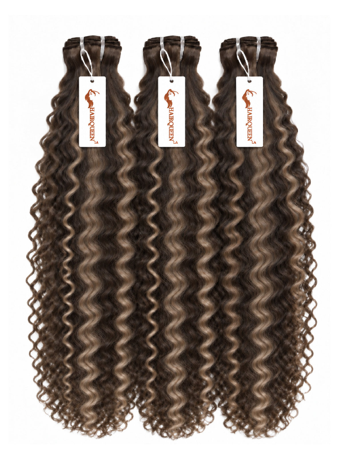 Highlighted hair extension bundles, three tight-curly bundles in dark brown with gray highlights