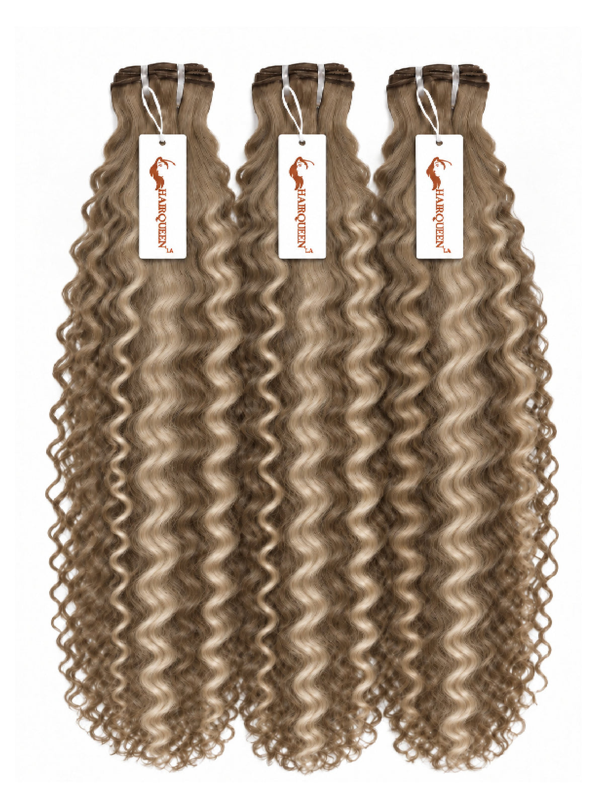 Highlighted hair bundles with dense curly light brown strands, three wefts with hanging labels
