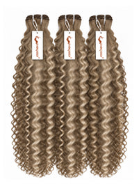 Highlighted hair bundles with dense curly light brown strands, three wefts with hanging labels