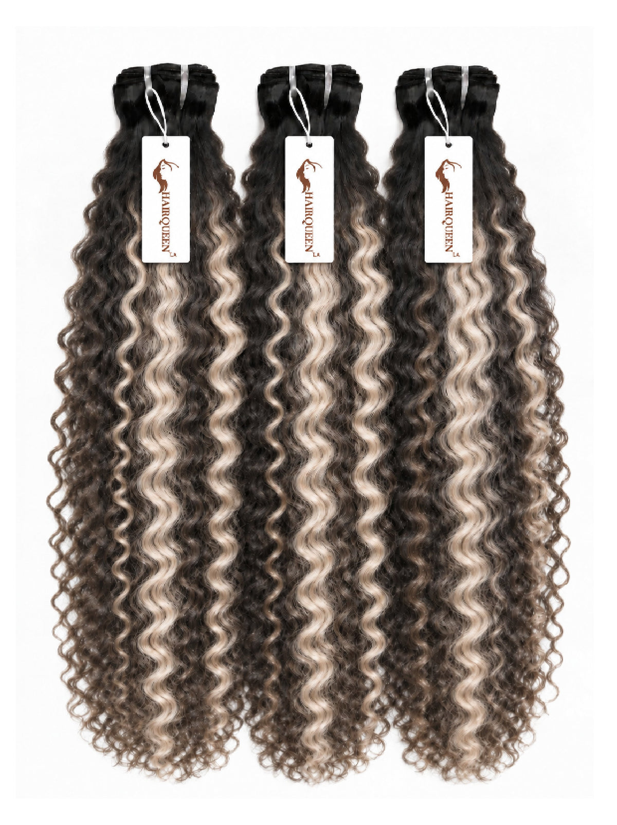 Three hair bundles with tight curly dark brown and gray highlights, with tags