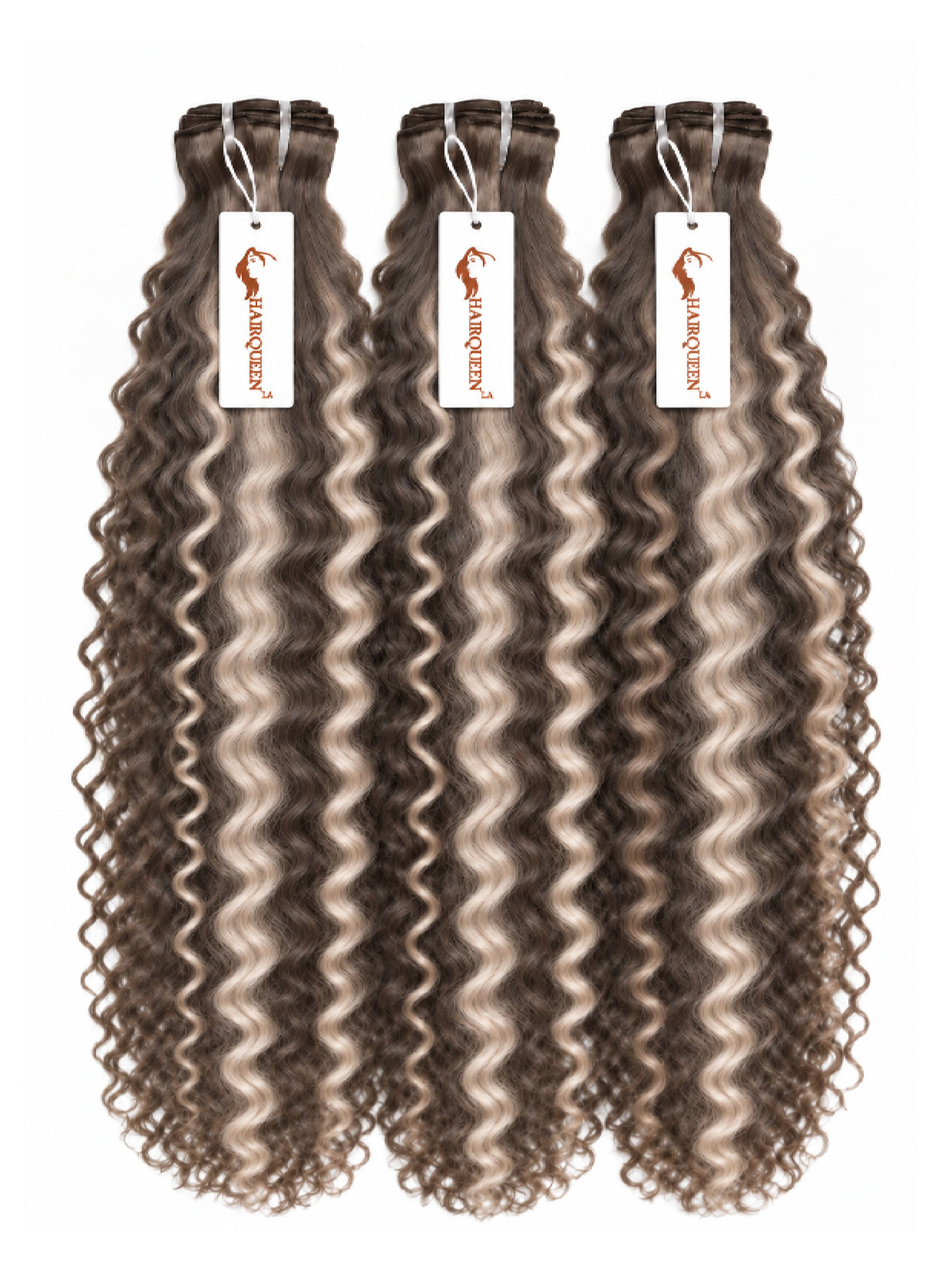 Highlighted hair extension bundles, three defined curly bundles in dark brown with gray tones