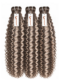 Highlighted hair extension bundles, three defined curly bundles in dark brown with gray tones