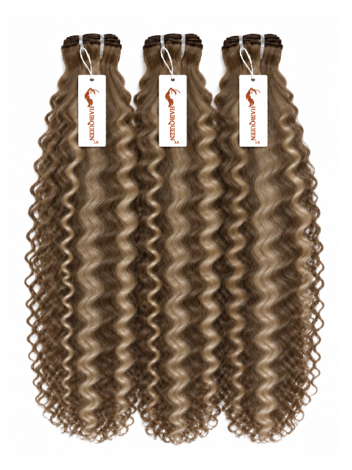3 curly hair bundles with dark brown roots and warm caramel curls, hanging bundles.