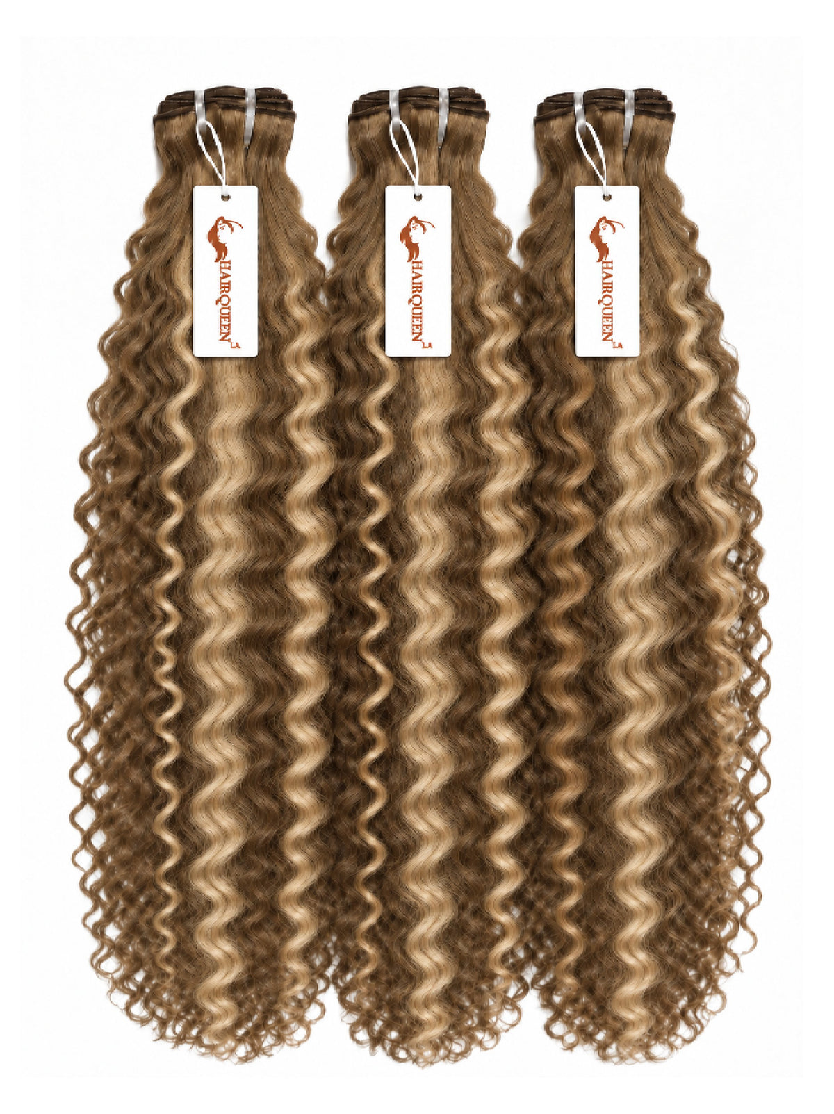 3 curly hair bundles with dark brown roots and medium caramel curls, hanging bundles.