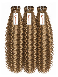3 curly hair bundles with dark brown roots and medium caramel curls, hanging bundles.