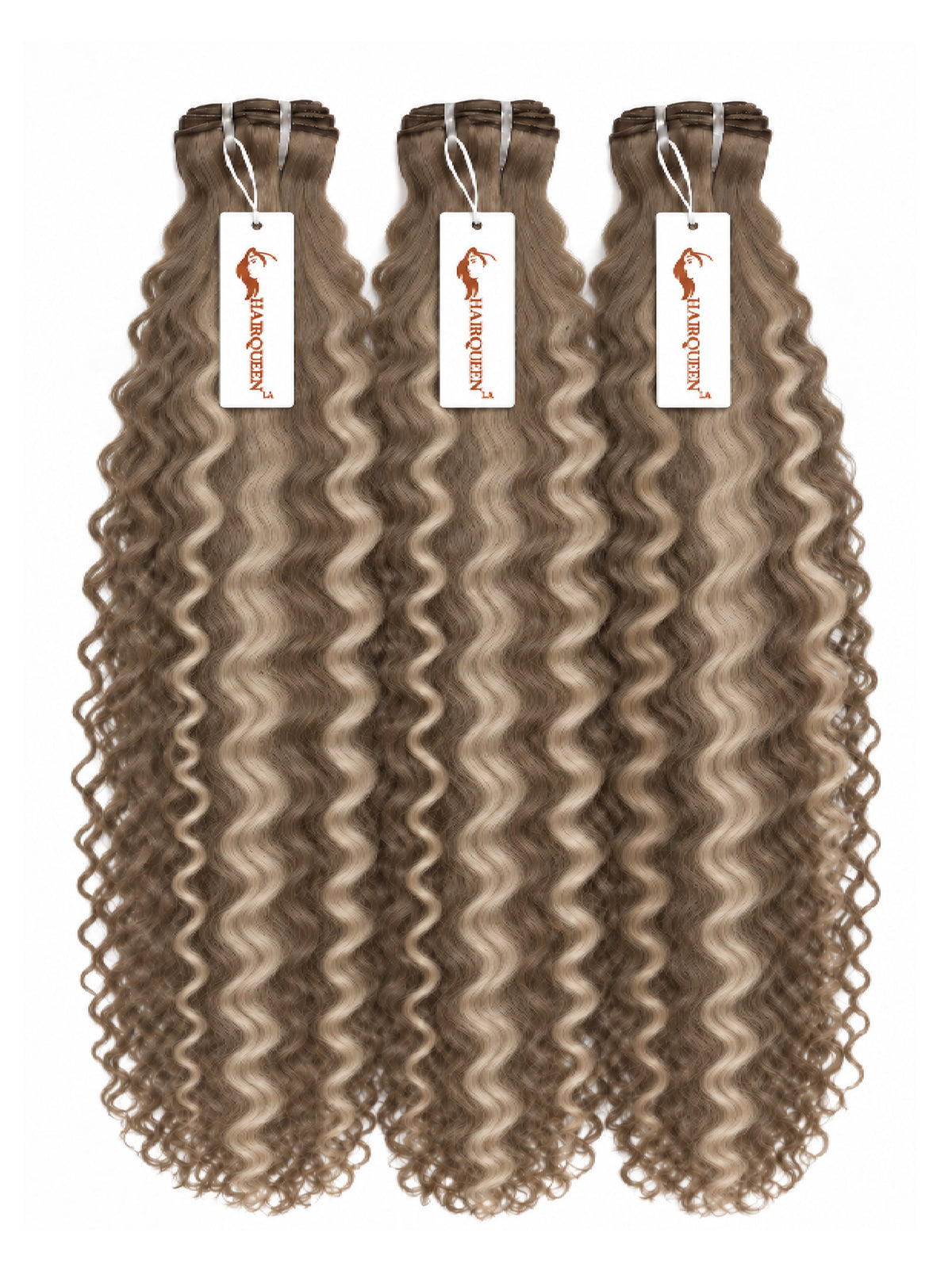 Highlighted hair bundles with dense curly taupe-brown strands, three wefts with hanging labels