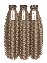 Highlighted hair bundles with dense curly taupe-brown strands, three wefts with hanging labels