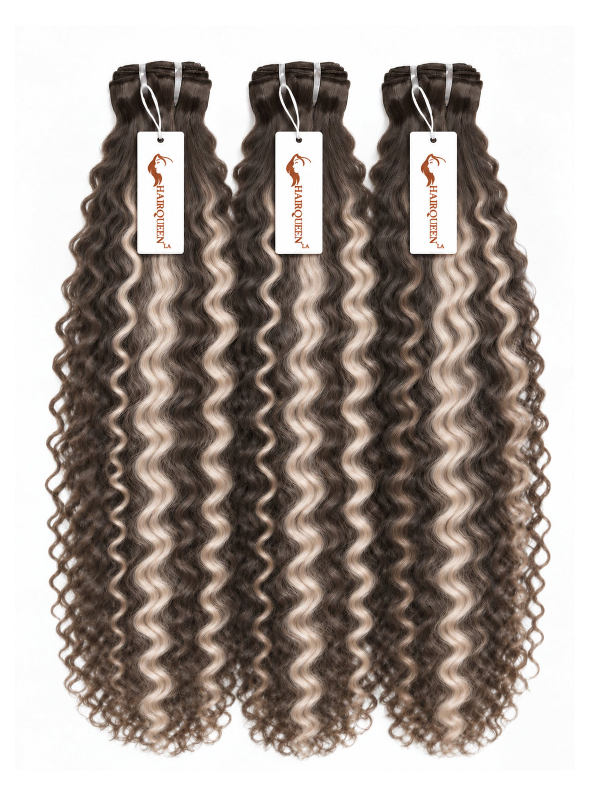 Three hair bundles with curly dark brown and gray highlights, hanging with tags