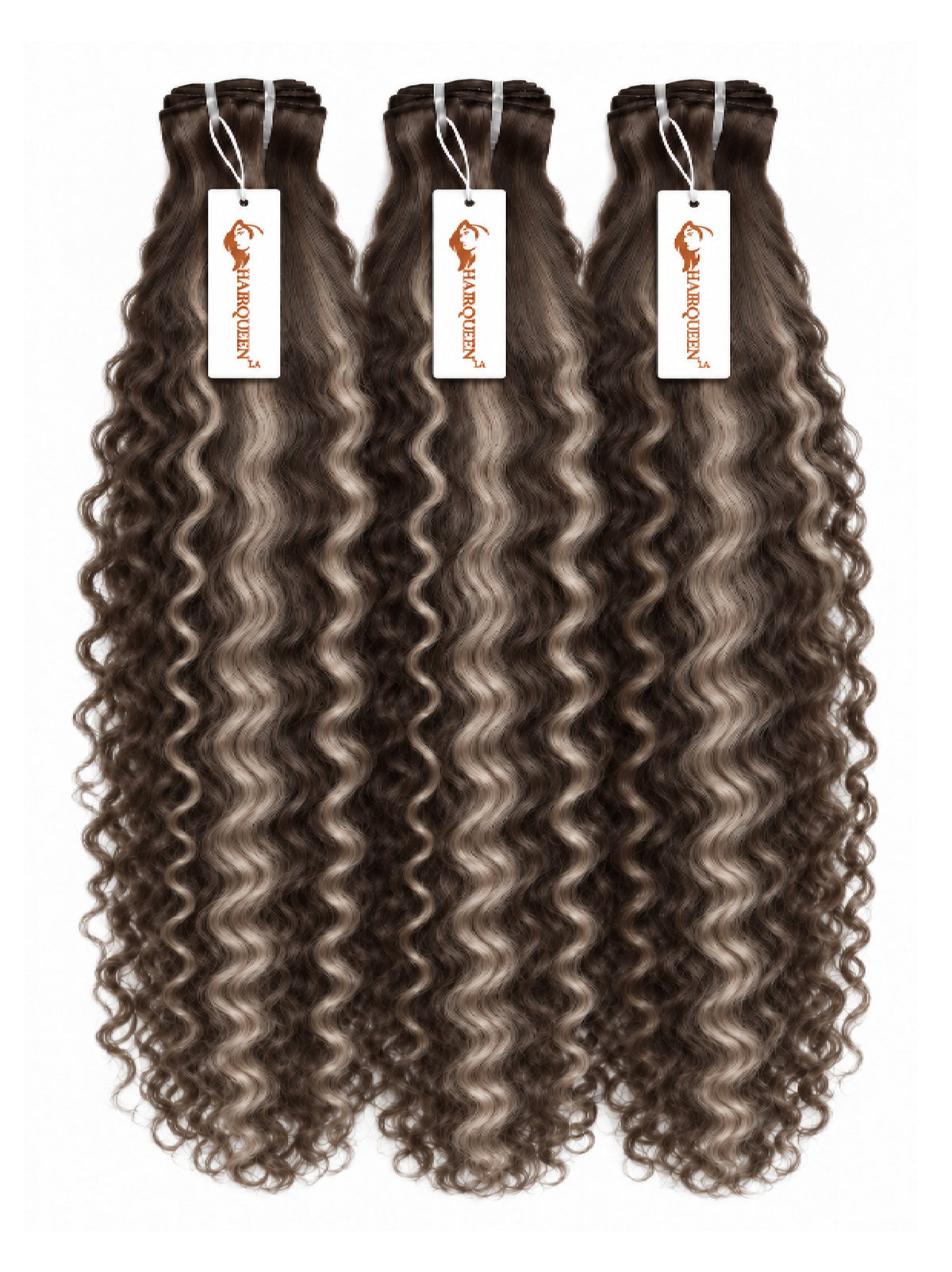 3 curly gray-brown hair bundles with sewn wefts and hanging tags