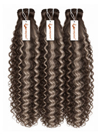 3 curly gray-brown hair bundles with sewn wefts and hanging tags
