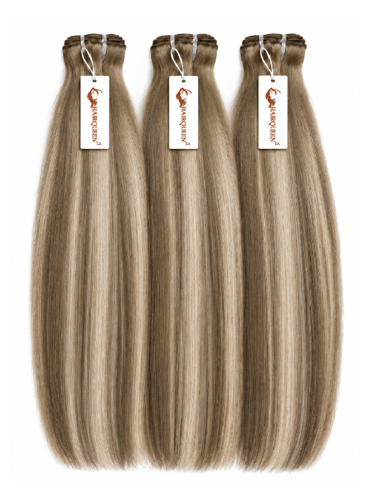 Highlighted hair bundles with straight light brown strands, three wefts with hanging labels