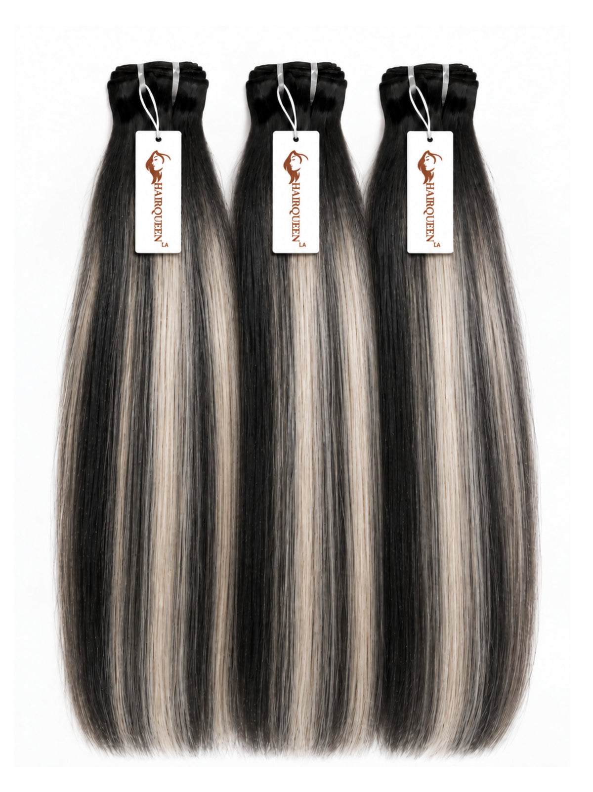 Three hair bundles with straight dark brown and gray highlights, with tags