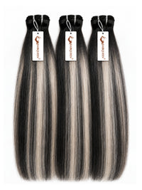 Three hair bundles with straight dark brown and gray highlights, with tags