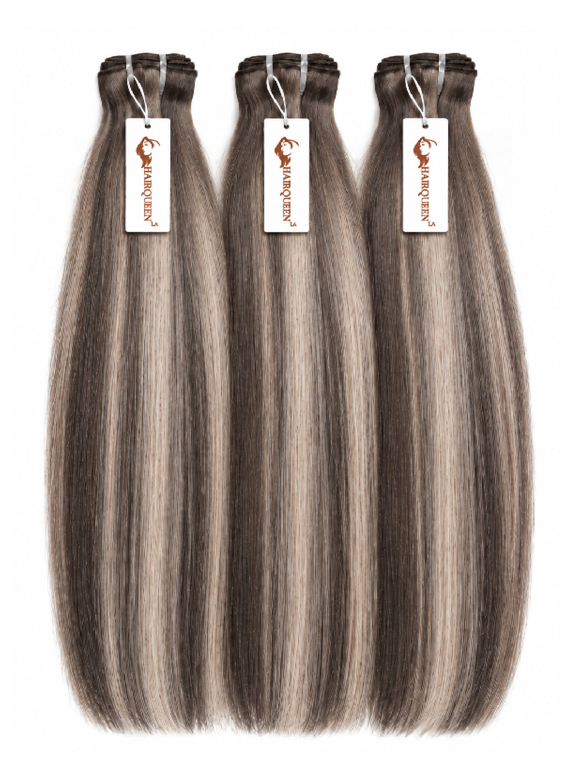 Highlighted hair extension bundles, three straight dark-brown bundles with light streaks