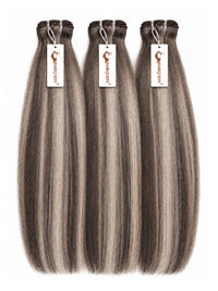 Highlighted hair extension bundles, three straight dark-brown bundles with light streaks