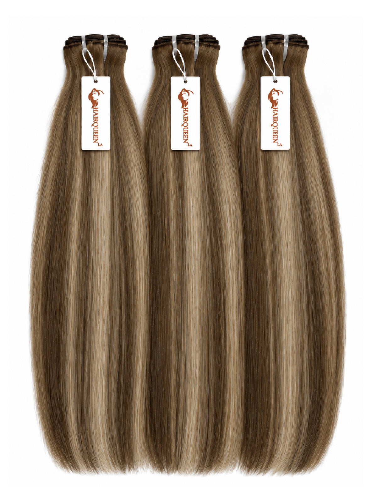 3 straight hair bundles with dark brown hair and subtle lighter highlights, hanging bundles.