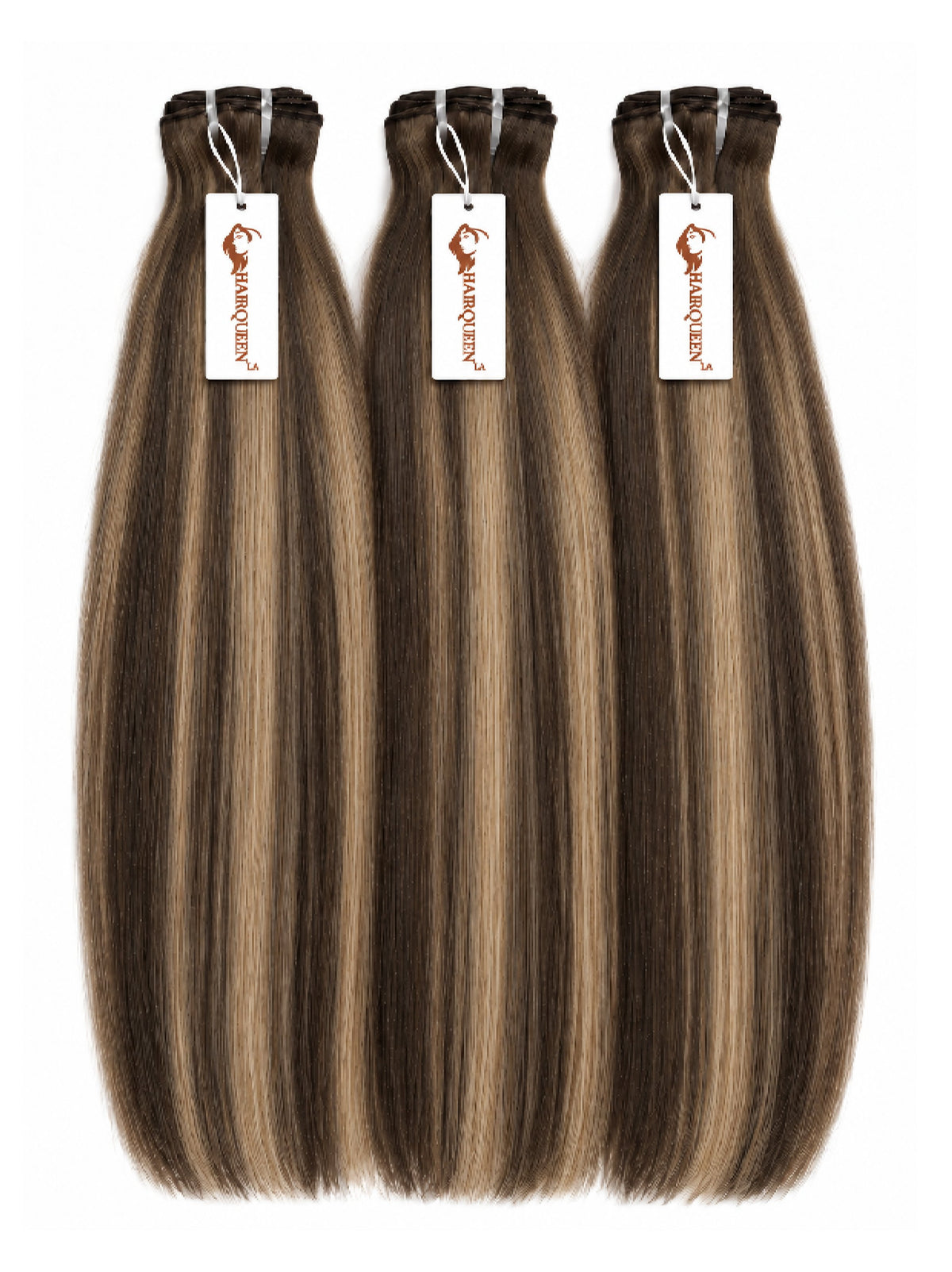 Highlighted hair bundle set with straight strands, dark brown with ash highlights
